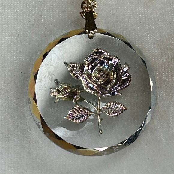 Vintage Germany Glass Reverse Carved Iridescent Rose Round Pendant Necklace - Picture 5 of 10